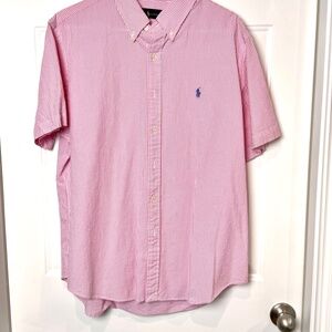 Ralph Lauren Men's Striped Dark Pink Seersucker SS Shirt EUC XL